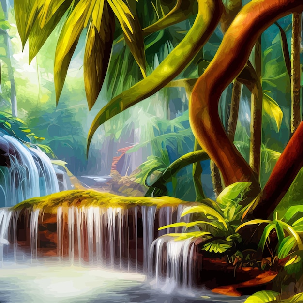 Lush amazonian jungle with waterfalls and a raging river fantasy forest landscape with green trees