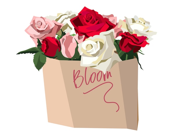 Vector lush bunch of red, white and pink roses in paper bag. bloom wording. isolated on white background