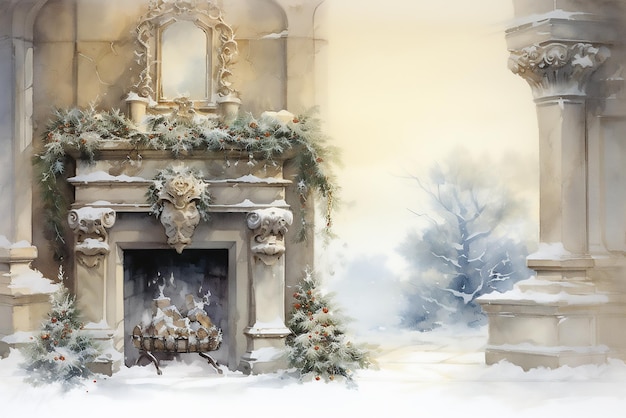 ベクトル ガラスの壁に照らされた古い白い暖炉の上に沢なクリスマス花束