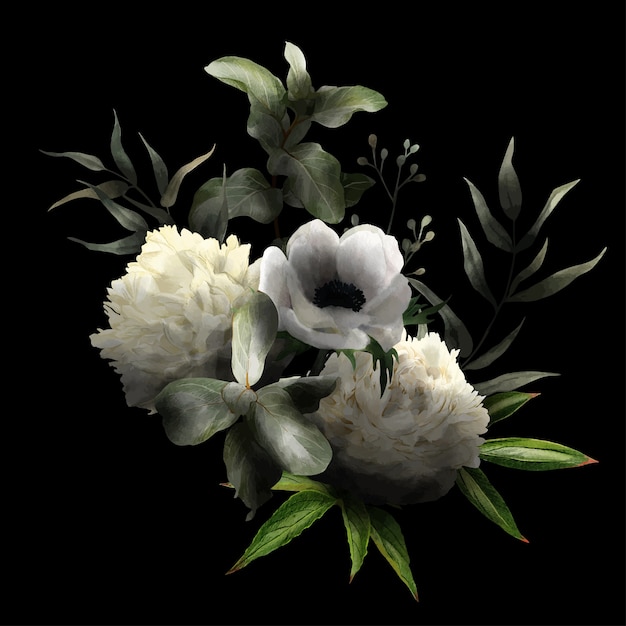 Lush floral bouquet in low key, black background, white anemone and peonies and leaves, hand drawn wtercolor illustration.