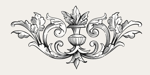 Lush foliage and vase in line art style engraved divider emblem