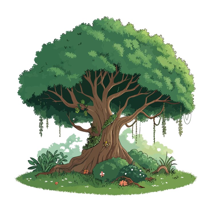Vector lush green ancient oak tree with thick foliage and dense canopy fantasy digital art for childrens