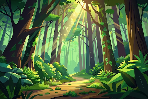 A lush green forest with sunlight streaming through the leaves illuminating the forest floor in spring