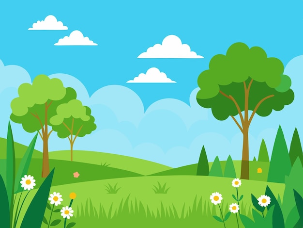 Lush Meadow Landscape with Wildflowers and Blue Sky for NatureInspired Designs