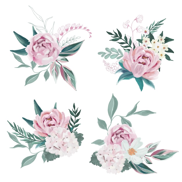 Lush oil painted floral bouquets hand drawn vector