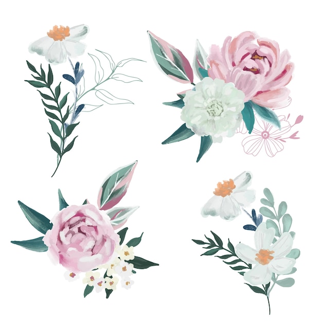 Lush oil painted floral bouquets hand drawn vector