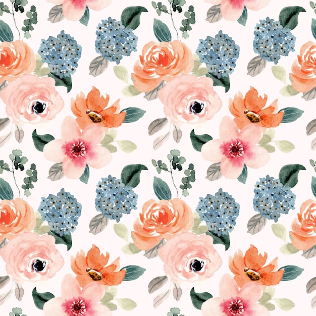 lush peach blue flower watercolor seamless pattern