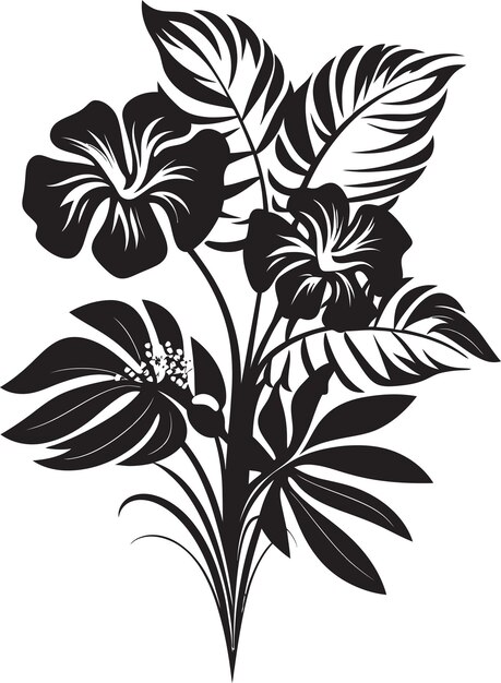 Vector lush tropics vector symbol of plant leaves and flowers in black logo botanical bliss sleek black ic