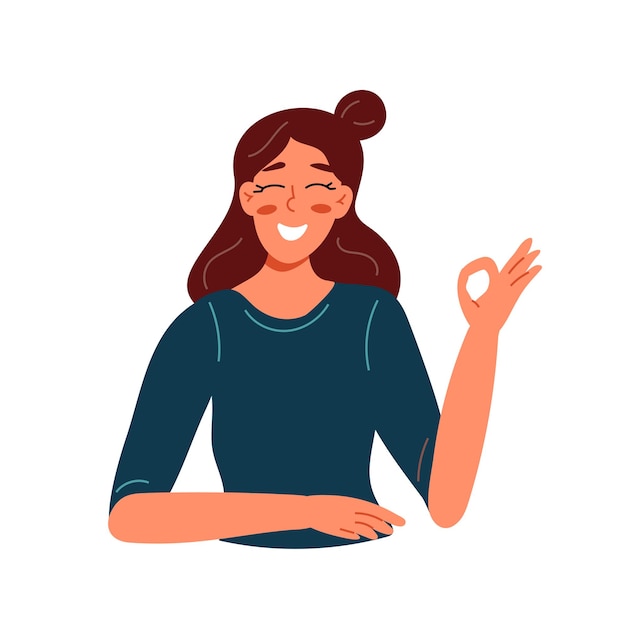 A lusty young woman shows an ok hand gesture Flat vector illustration isolated on a white background