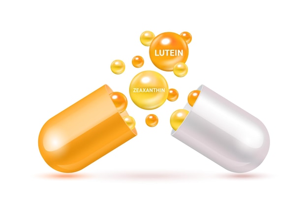 Luteïne zeaxanthine medicijncapsule vitamine met chemische formule van goudsbloem om het oog te voeden