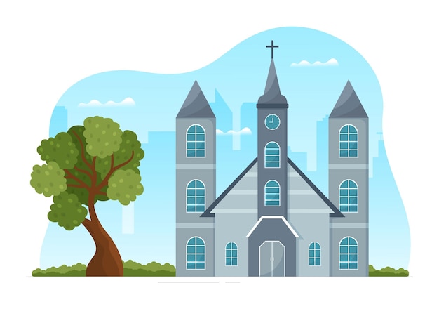 Lutheran church with cathedral temple building and christian\
religion architecture in illustration