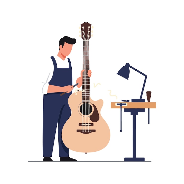 Vector luthier working on acoustic guitar in workshop with tools and lamp nearby