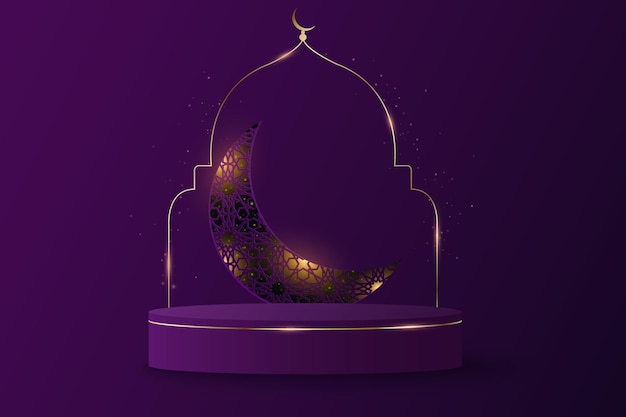 Luxe 3d podium met gloeiende maand van islamitisch ornament voor Ramadan Kareem Podium met glanzende gouden boog Vector illustratie