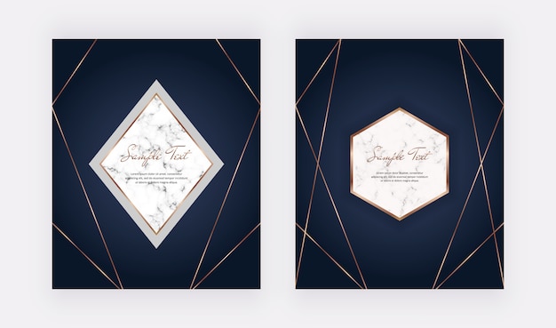 Luxe blauwe design kaarten met gouden veelhoekige lijnenkaders.