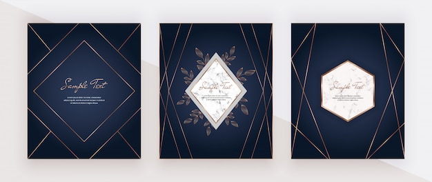 Luxe blauwe design kaarten met gouden veelhoekige lijnenkaders.