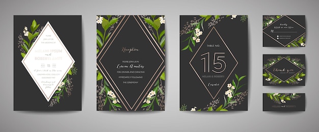 Luxe bloem Vintage bruiloft bewaar deze datum, uitnodiging bloemenkaarten collectie met goudfolie frame. Vector trendy omslag, grafische poster, retro brochure, ontwerpsjabloon