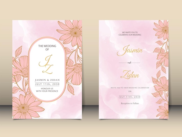 Luxe bruiloft uitnodiging lijnstijl minimalistische bloemen premium vector met aquarel achtergrond