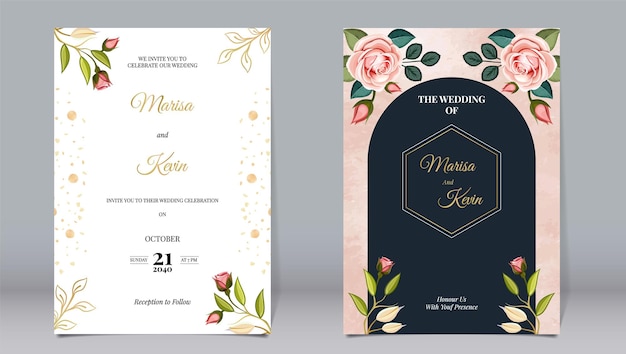 Luxe bruiloft uitnodiging roze rozen bloemen en gouden veelhoekige elementen met waterverf achtergrond