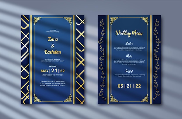 Luxe bruiloft uitnodigingskaart met abstract ornament op donkerblauwe achtergrond
