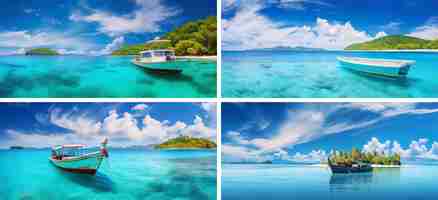 Vector luxe caribische ontspanning paradijs zeilen oceaan rustige witte palm zon wolk zeilboot blauw