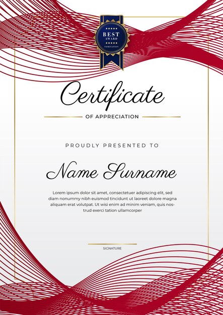 Vector luxe certificaat van waardering sjabloon met rode en gouden kleur multifunctionele certificaatrand met badgeontwerp elegante rode en gouden diploma certificaatsjabloon