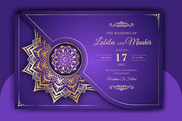 Luxe decoratieve mandala bruiloft uitnodigingskaart met gouden arabesque Arabische islamitische achtergrond