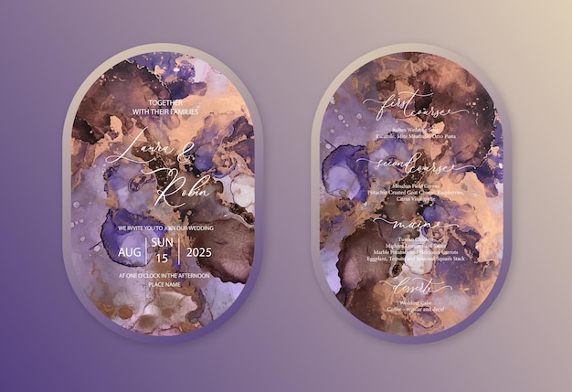 Luxe dubbele boog bruiloft uitnodigingskaart met aquarel golven marmer of vloeibare kunst in alcohol inkt