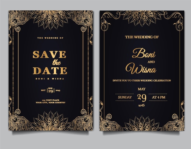 Vector luxe elegante bruiloft uitnodiging kaart ontwerp set mockup