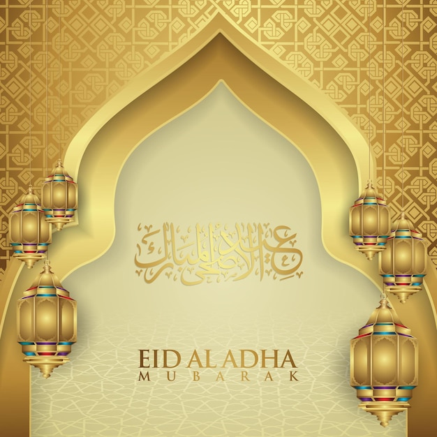 Luxe en elegant ontwerp Eid Al adha groet met gouden kleur op Arabische kalligrafie halve maan lantaarn en getextureerde poort moskee vectorillustratie