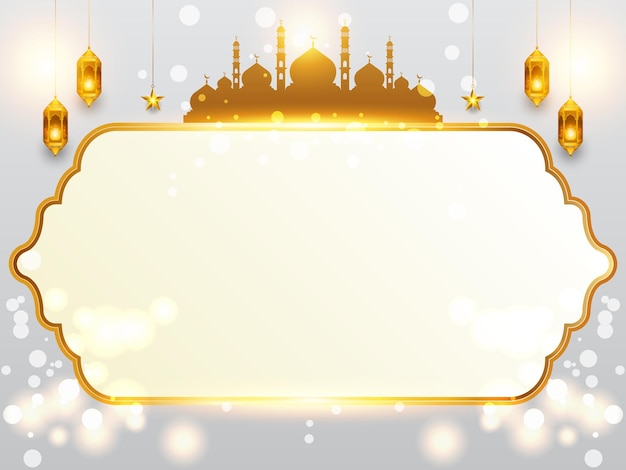 Vector luxe gouden glanzende lichten ramadan kareem eid al fitr arabisch islamitische boog frame moskee achtergrond