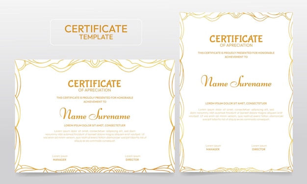 Luxe gouden golvende lijn certificaat grens sjabloon. handgetekend sierontwerp