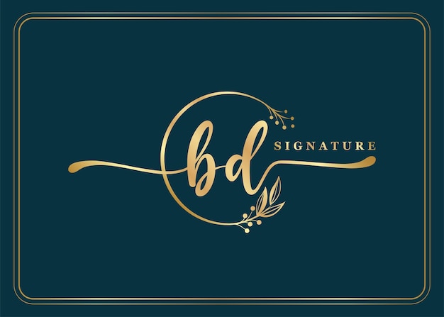 Luxe gouden handtekening eerste bd logo-ontwerp geïsoleerd blad en bloem