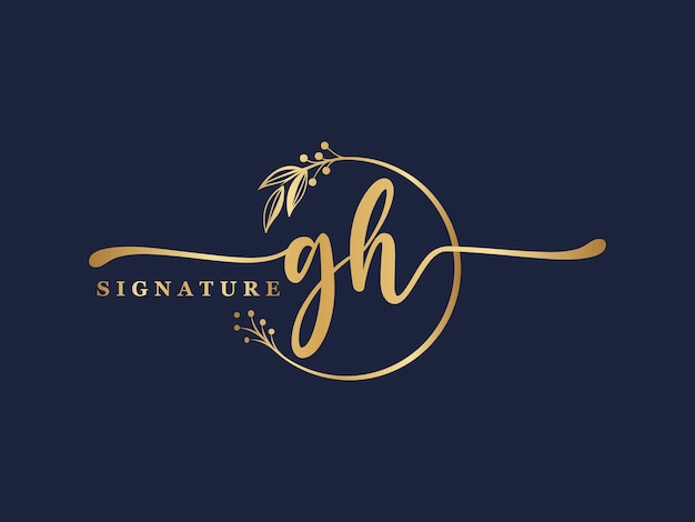 Luxe gouden handtekening eerste gh logo-ontwerp geïsoleerd blad en bloem