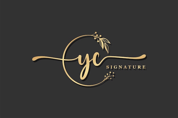 Luxe gouden handtekening eerste yc logo-ontwerp geïsoleerd blad en bloem