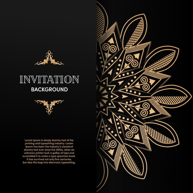 Luxe gouden mandala uitnodigingskaart met zwarte achtergrond