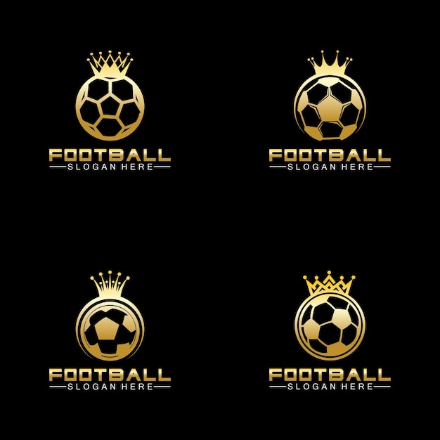 Luxe gouden voetbalkoning logo ontwerp op geïsoleerde zwarte achtergrond