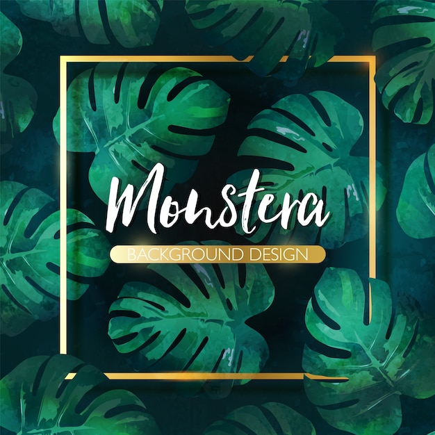 Vector luxe hand getekend monstera tropische bladeren achtergrond met gouden frame