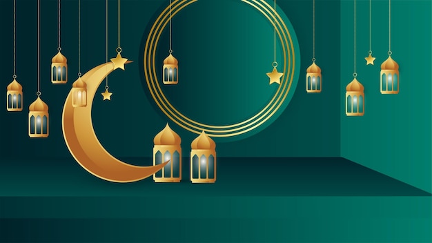 Luxe haning gouden lantaarn arabisch groen islamitische ontwerp achtergrond universele ramadan kareem banner achtergrond met lantaarn maan islamitische patroon moskee en abstracte luxe islamitische elementen