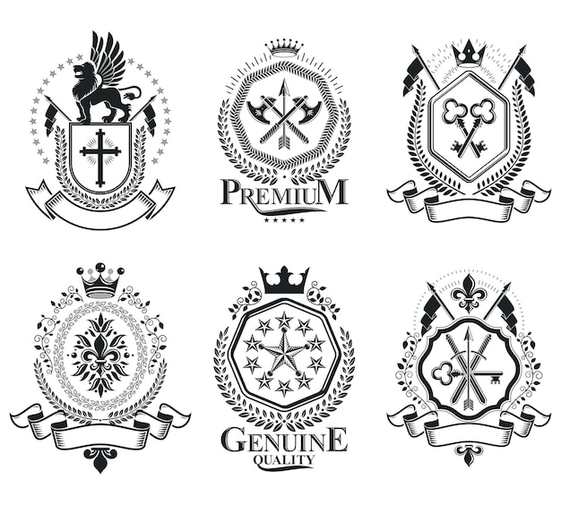 Luxe heraldische vectoren embleem sjablonen. Vector blazoenen. Stijlvolle symbolische illustratiescollectie van hoge kwaliteit.