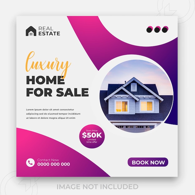 Luxe huis te koop diensten onroerend goed en 2 kleurverloop heldere achtergrond of digitale bouw social media banner ontwerpsjabloon