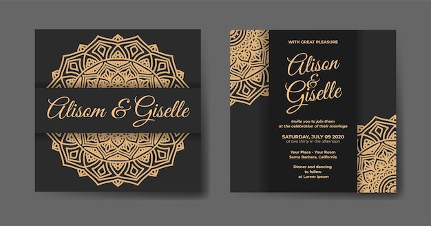 Luxe huwelijksuitnodiging met gouden mandala-ontwerp