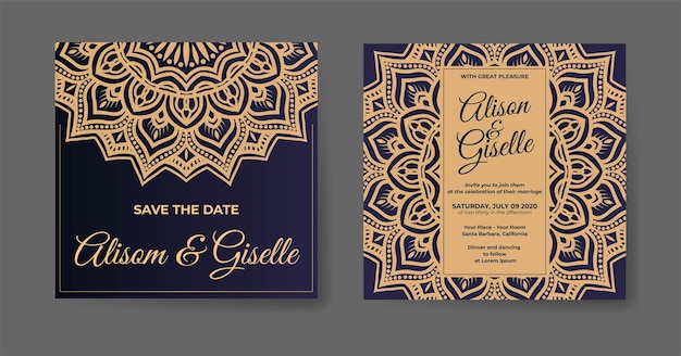 Luxe huwelijksuitnodiging met gouden mandala-ontwerp