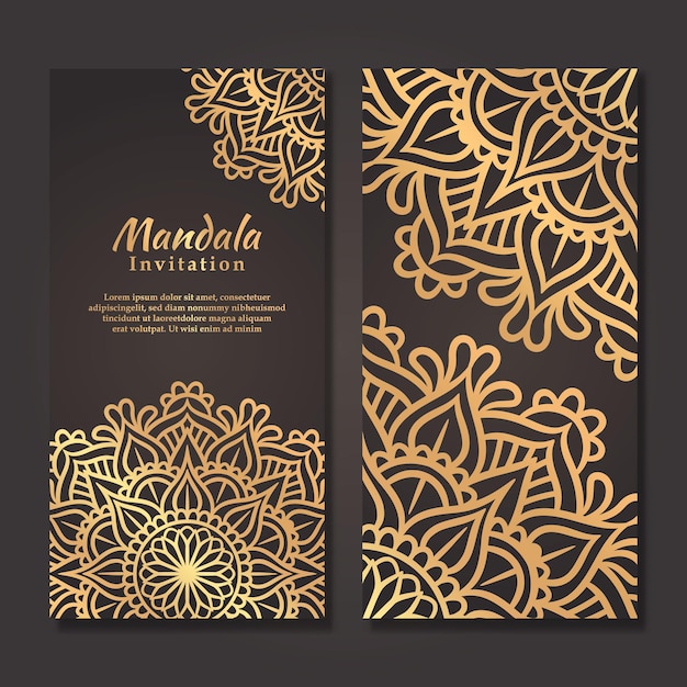 Luxe huwelijksuitnodigingskaart met gouden mandala-ontwerp, Mandala-huwelijksuitnodigingssjabloon