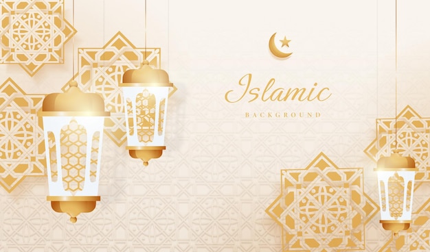 Luxe islamitische achtergrond met gouden lantaarn en arabisch patroon