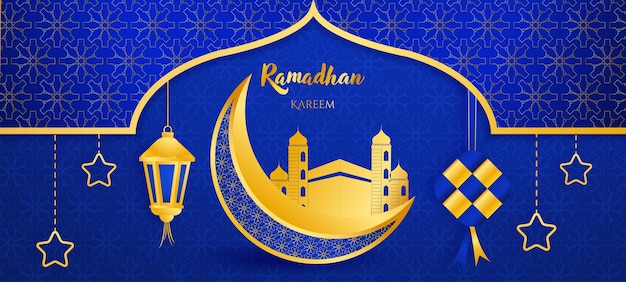 Vector luxe islamitische ramadan kareem achtergrondontwerp met blauwe 3d-papier gesneden stijl en islamitisch ornament