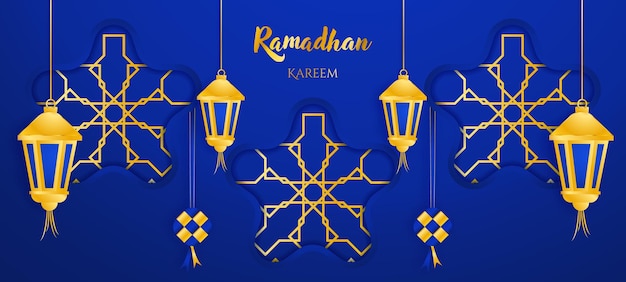 Luxe islamitische ramadan kareem achtergrondontwerp met blauwe 3D-papier gesneden stijl en islamitisch ornament