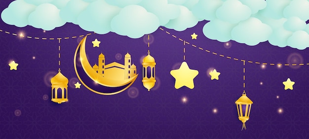 Luxe islamitische ramadan kareem achtergrondontwerp met paarse 3D-papier gesneden stijl en islamitisch ornament