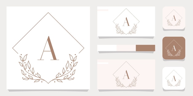 Luxe letter a logo-ontwerp met bloemenkader sjabloon, visitekaartje ontwerp