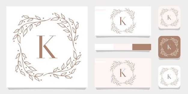 Luxe letter K logo ontwerp met bloemen frame sjabloon, visitekaartje ontwerp