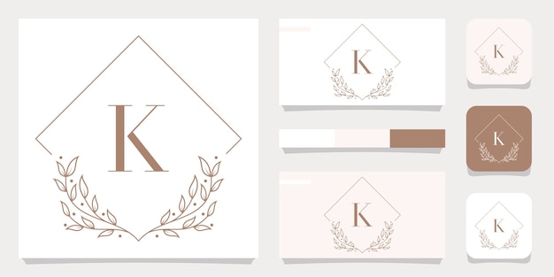 Luxe letter k logo ontwerp met bloemen frame sjabloon, visitekaartje ontwerp